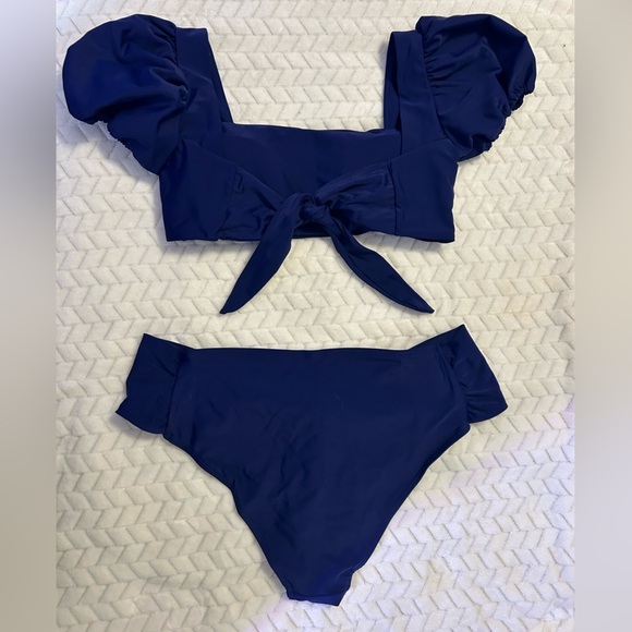 Women High Waisted 2 Piece Swimsuits Puff Sleeve Top with Bikini Bottom Strappy - Picture 7 of 13